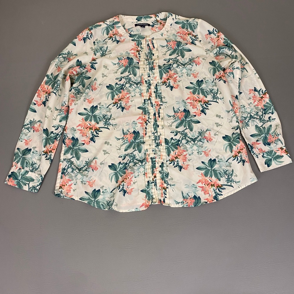 Chadwicks of Boston Blouse Top XL Floral Pintuck Long Sleeve Cream Green‎ Pink
